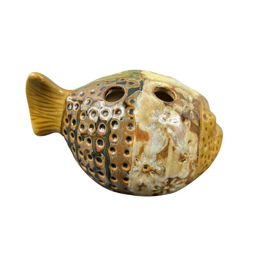 PIER 1 Blowfish Puffer Fish Bathroom Decor Toothbrush Holder Brown Green